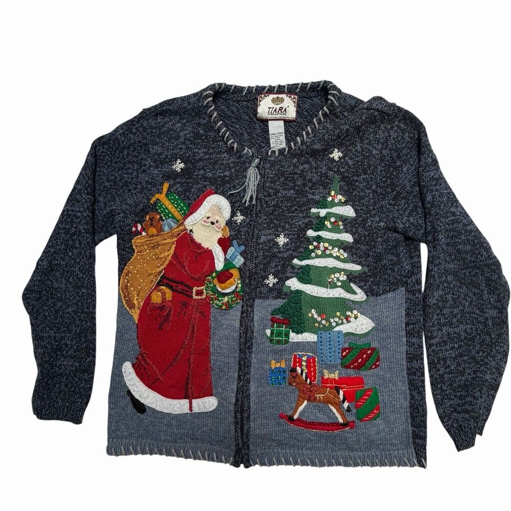 VTG Tiara Christmas Sweater Cardigan Santa Tree Applique Ugly Holiday 3D Kni